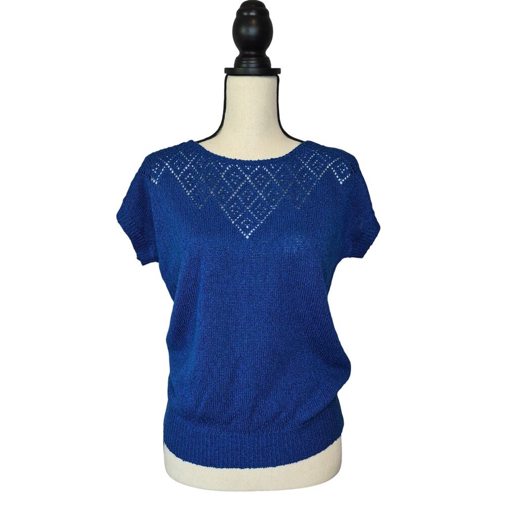 Joan Harper Vintage Royal Blue Pointelle Knit Short Sleeve Blouse Sweater Sz M